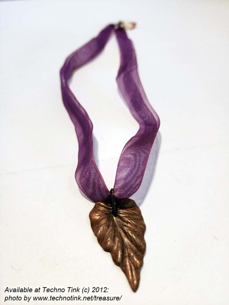 Bronze colored Leaf Pendant on Purple Ribbon Choker