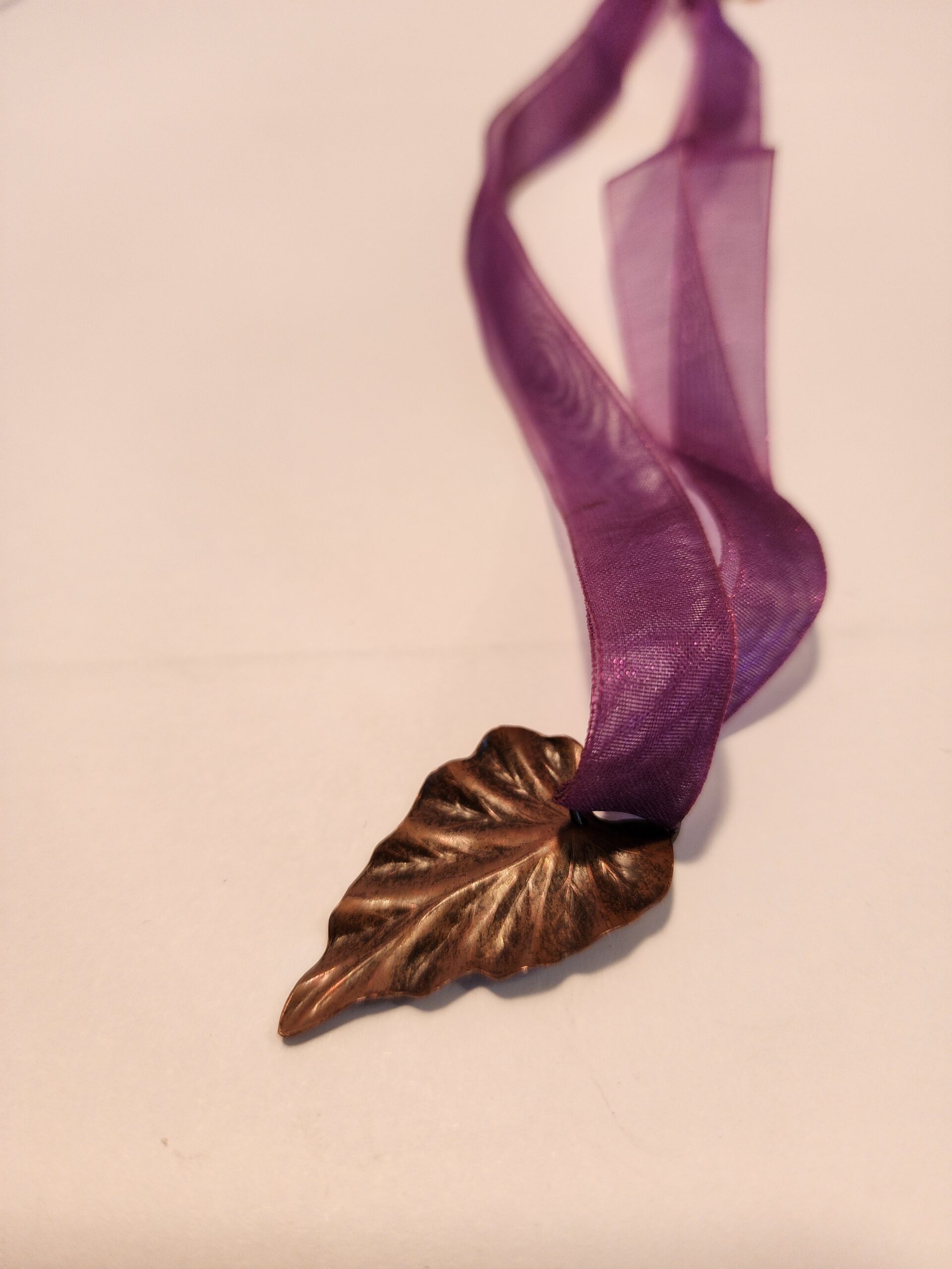 Bronze colored Leaf Pendant on Purple Ribbon Choker - Image 8