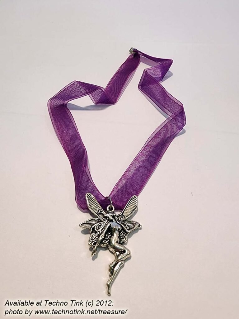 Pewter dancing faerie Pendant on Purple Ribbon Choker