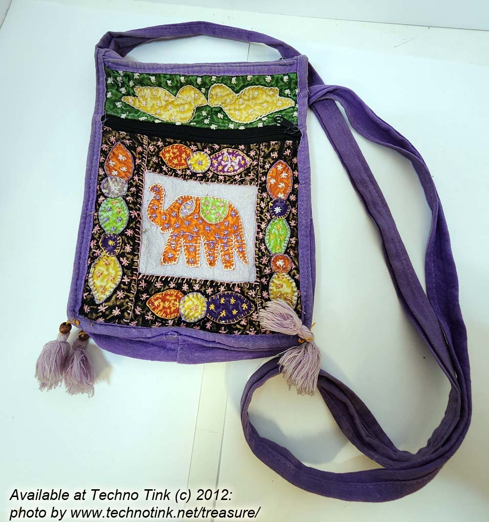 Embroidered and stitched Elephant Purple Satchel Bag Purse and hand-sewn floral patterns