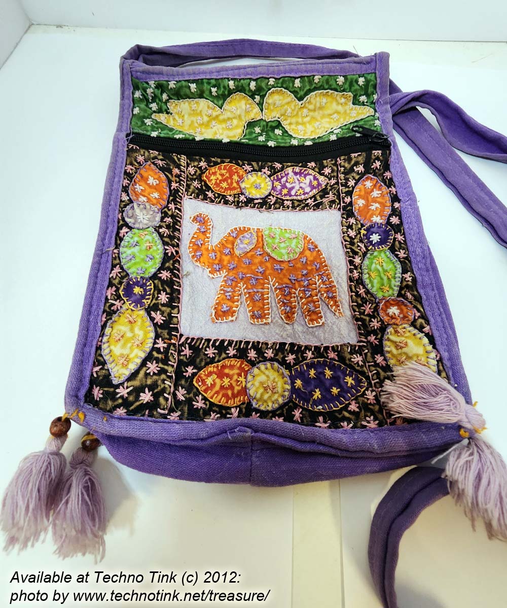 Embroidered and stitched Elephant Purple Satchel Bag Purse and hand-sewn floral patterns - Image 3