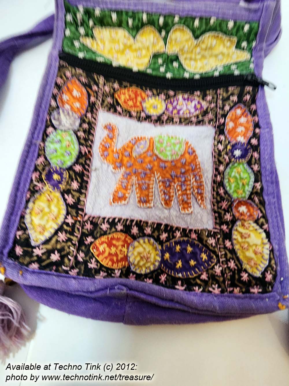Embroidered and stitched Elephant Purple Satchel Bag Purse and hand-sewn floral patterns - Image 6