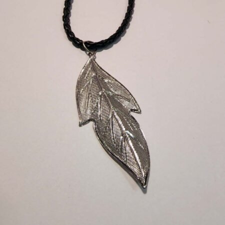 Pewter Hollow Long Cast Leaf Pendant on black braided leather necklace