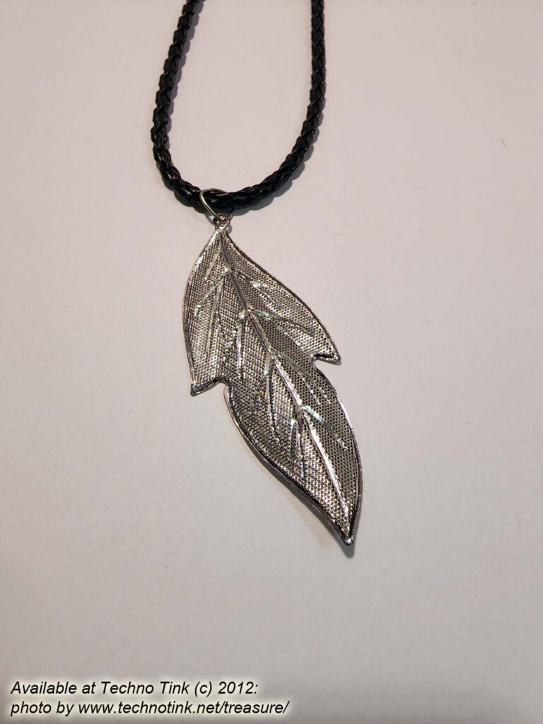 Pewter Hollow Long Cast Leaf Pendant on black braided leather necklace