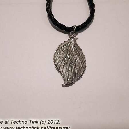 Pewter Hollow Medium Cast Leaf Pendant on black braided leather necklace