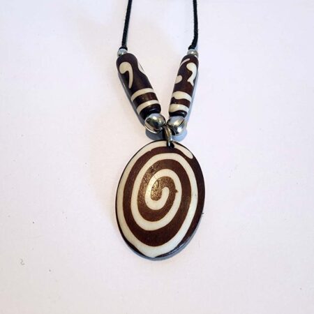 Brown and White Spiral Bone Beaded Pendant Necklace