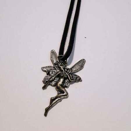 Pewter dancing faerie Pendant on Black Leather cord necklace