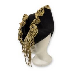Black Felt Pirate Hat Gold Lace Fringe Tricorn Cockade Costume NEW