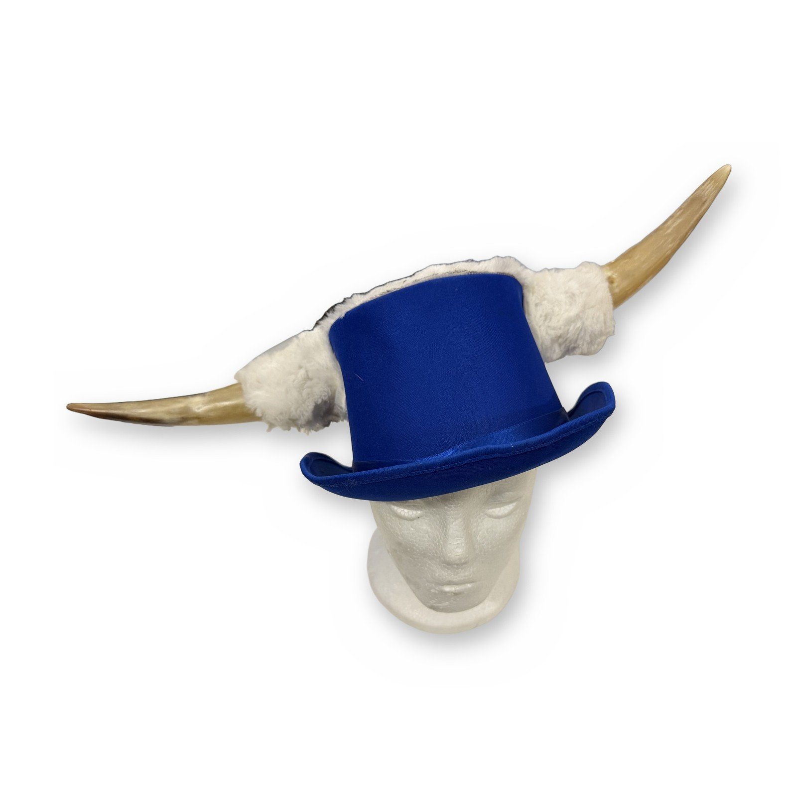 Royal Blue Top Hat with Horns & White Furry Cap Fantasy Bull Costume NEW