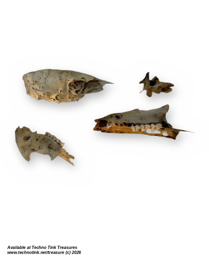Small Mammal Skull Bone Lot - Natural Cranium, 2 Jaw Halves & Vertebra 2.7 in