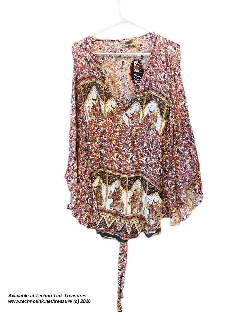 Gypsy Rose elephant print wrap top size XL, front view