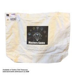White canvas Mystery Gems tote bag with diamond logo, front