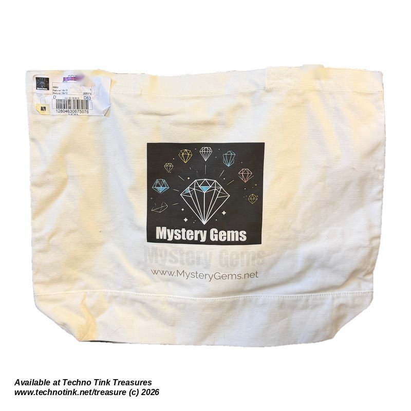 White canvas Mystery Gems tote bag with diamond logo, front
