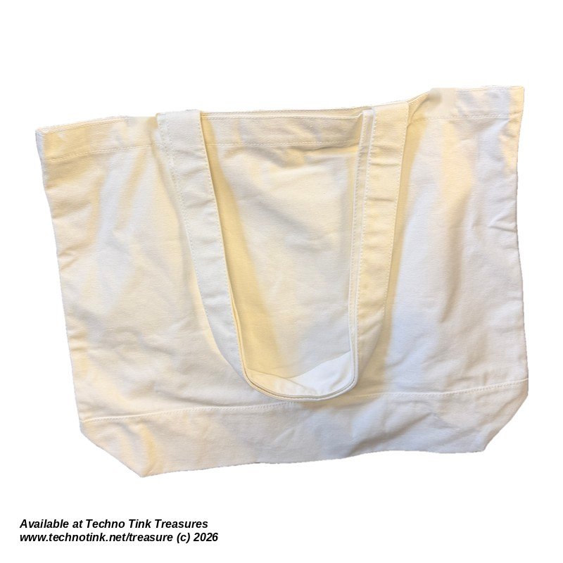 Back of the white canvas Mystery Gems tote bag showing the long carry straps